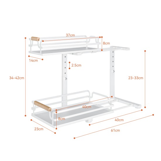 2 Tier Slide Out Under Sink Organizers And Storage, Height Adjustable Wooden Handle Pull Out Cabinet Organizer Drawers White